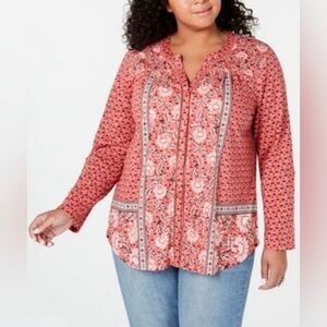 Style & Co Peasant Top Women 3X Pink Floral Cotton Modal Blouse Boho Hippie